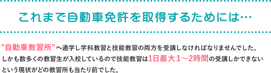 これまで自動車免許を取得するためには。“自動車教習所”で学科教習と技能教習の両方を受けなければなりませんでした。しかも同時に多くの受講生を抱えているために学科教習は教習所に出向き、かつ集団授業＆技能教習も1日最大1~2時間しか予約が取れないという現状が当たり前です